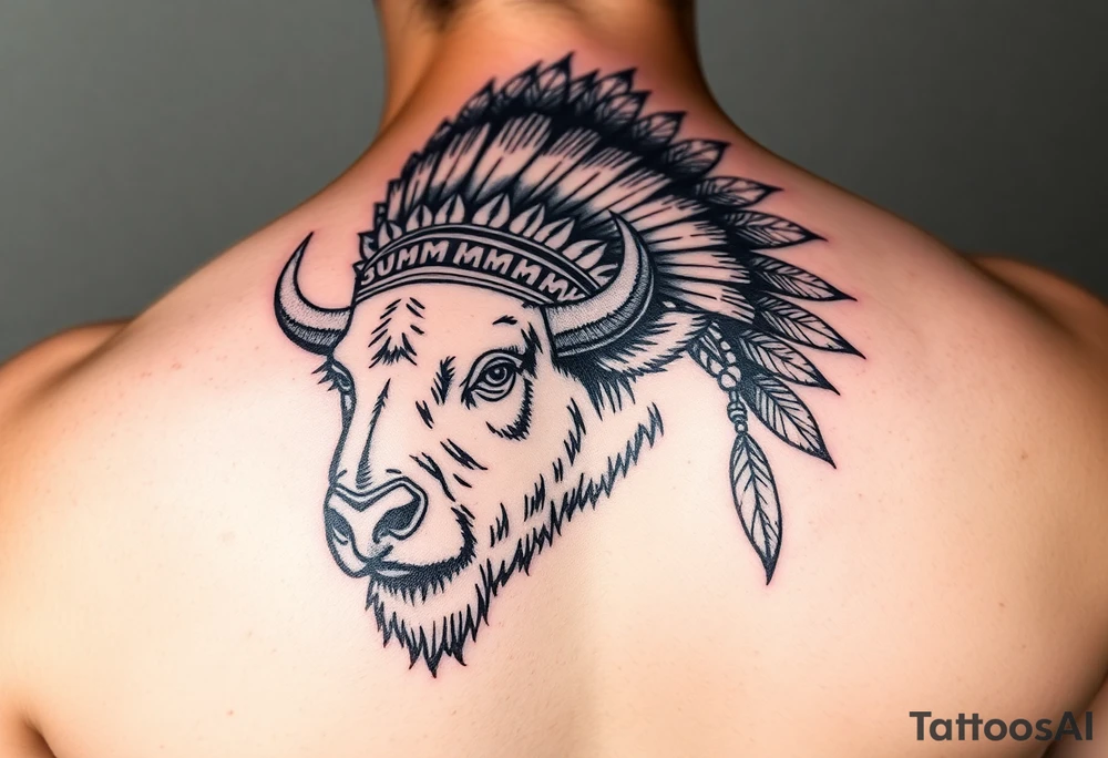 powerful majestic white buffalo with an native American headdress tattoo idea