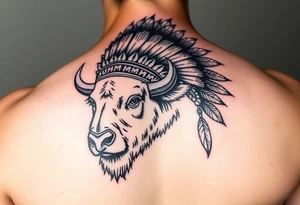 powerful majestic white buffalo with an native American headdress tattoo idea