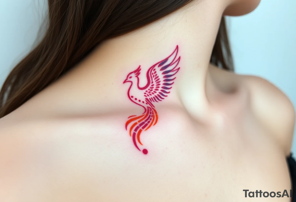 Square, phoenix rising from fire with both wings opened, colors red, pink, orange and purple. tattoo idea