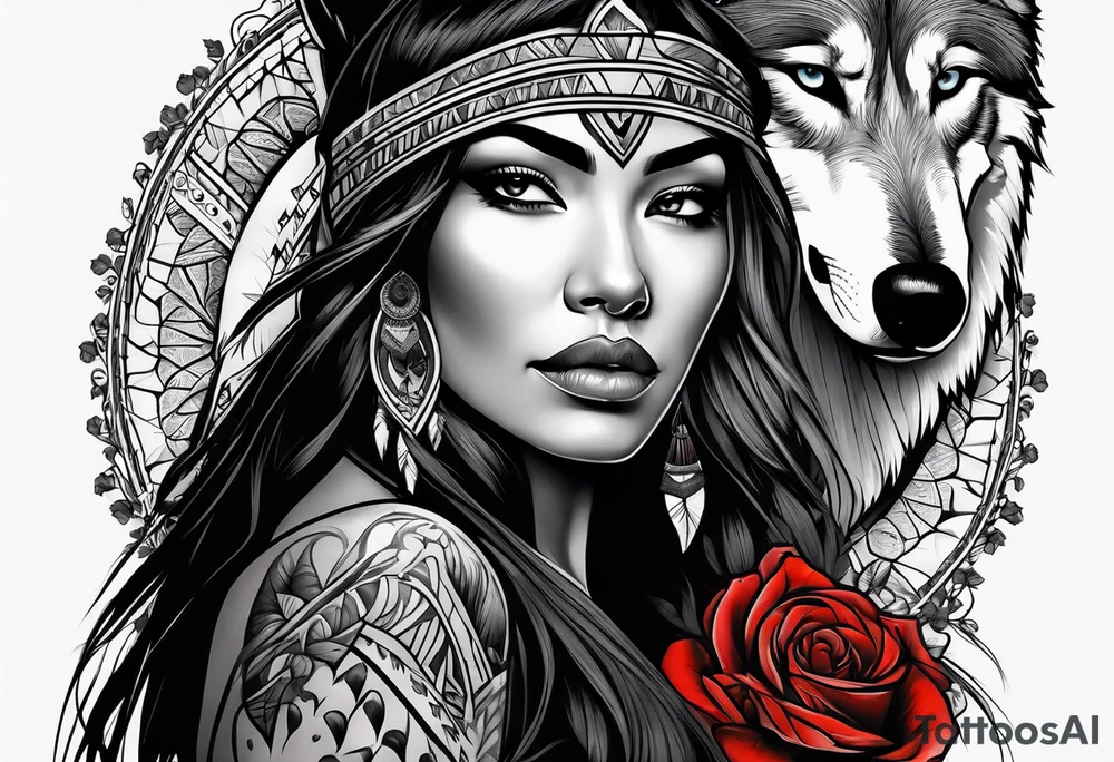 Native American woman wrapped in roses with a wolf pelt tattoo idea