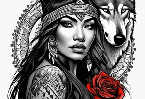 Native American woman wrapped in roses with a wolf pelt tattoo idea