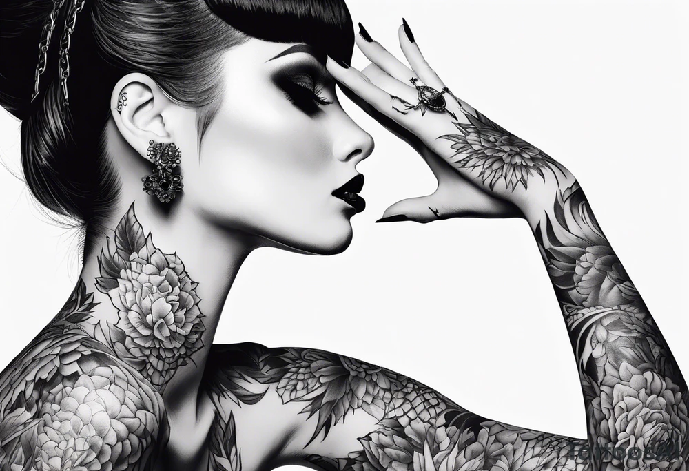 Horror women’s fingers with nails and her arm close half of her face tattoo idea