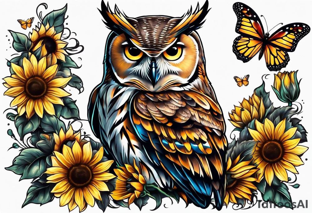 Owl with butterfly and sunflower tattoo idea