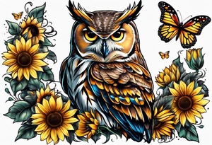 Owl with butterfly and sunflower tattoo idea