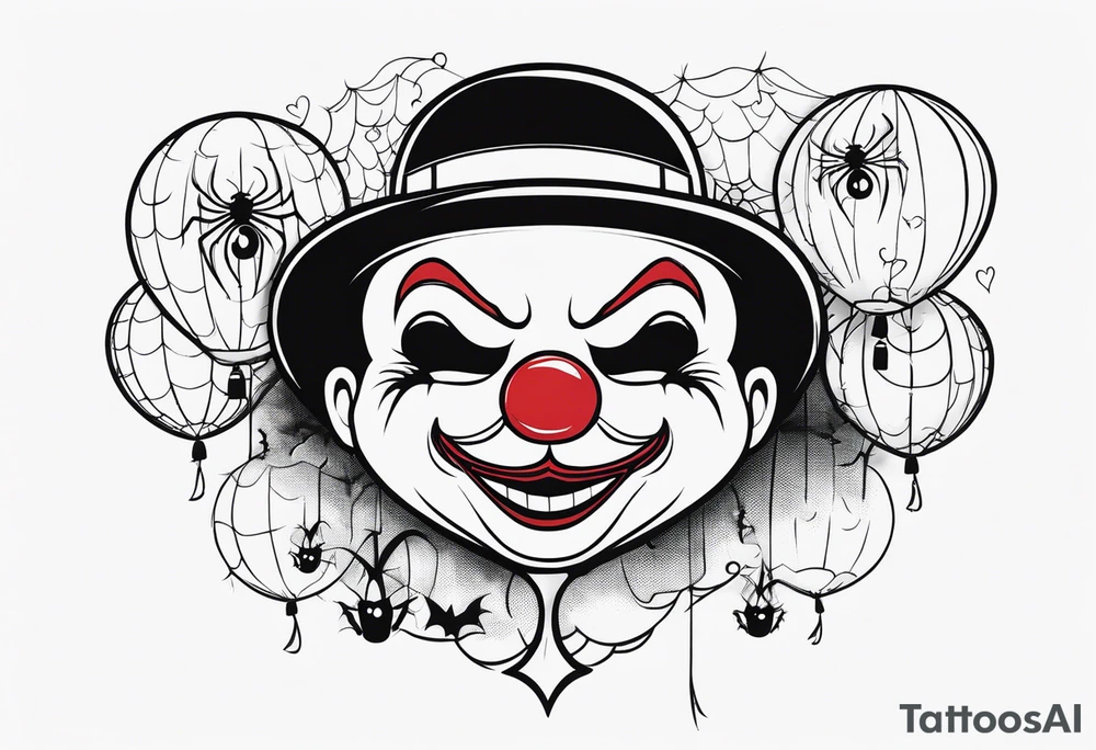 penny wise the clown
face on a floating balloon with spiders crawling on the balloon and bats flying around tattoo idea
