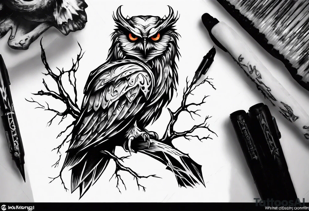 Demonic Owl looking to the rights tattoo idea