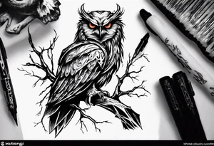 Demonic Owl looking to the rights tattoo idea