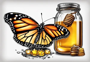 Monarch butterfly with a glass jar of honey with honey spilling over tattoo idea