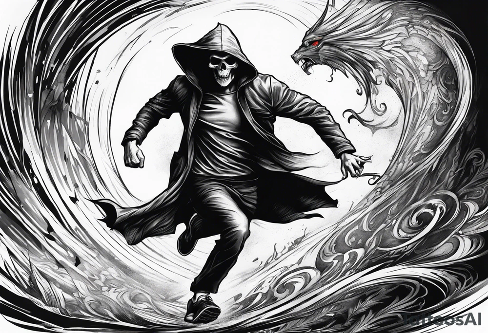 A picture showing a man chasing/running after the grim reaper tattoo idea