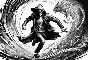 A picture showing a man chasing/running after the grim reaper tattoo idea