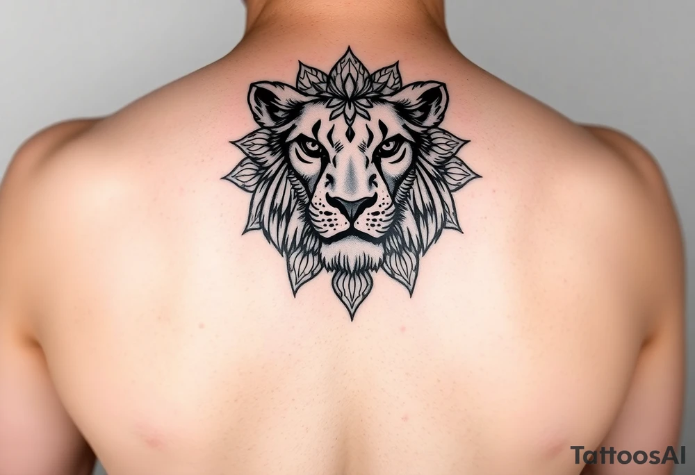 Detailed realistic lion head with mandala patterns around it that covers the hand and a small part of the fingers. tattoo idea