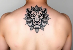 Detailed realistic lion head with mandala patterns around it that covers the hand and a small part of the fingers. tattoo idea