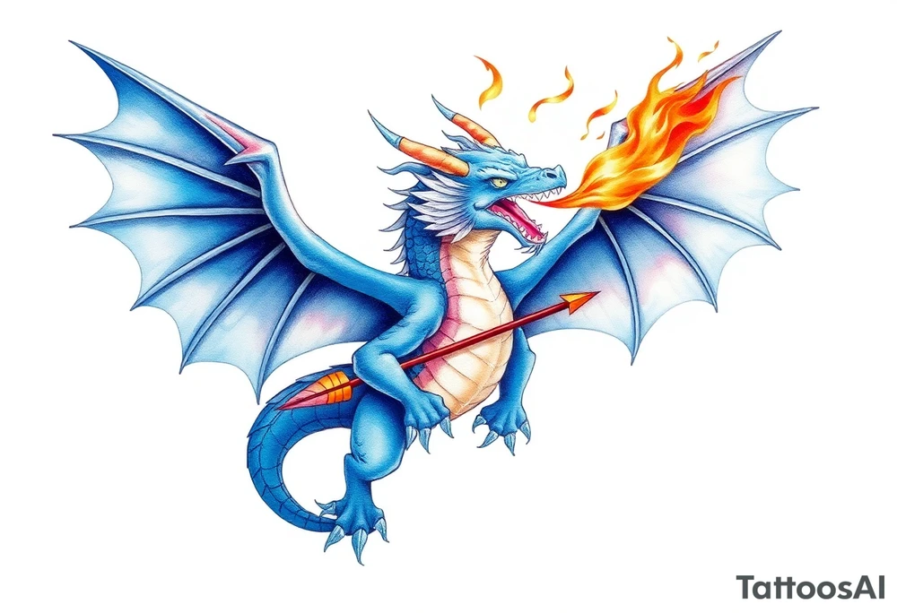 Blue fire breathing dragon with wings spread and an arrow through its chest tattoo idea
