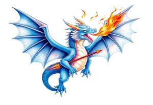 Blue fire breathing dragon with wings spread and an arrow through its chest tattoo idea