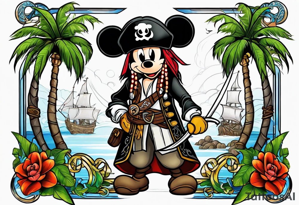 mickey mouse captain jack sparrow with palm trees and celtic symbol for family tattoo idea