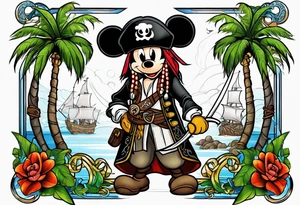mickey mouse captain jack sparrow with palm trees and celtic symbol for family tattoo idea