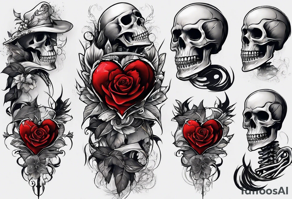 Arm sleeve skeleton, broken heart, pain suffering, loneliness, darkness, betrayal tattoo idea