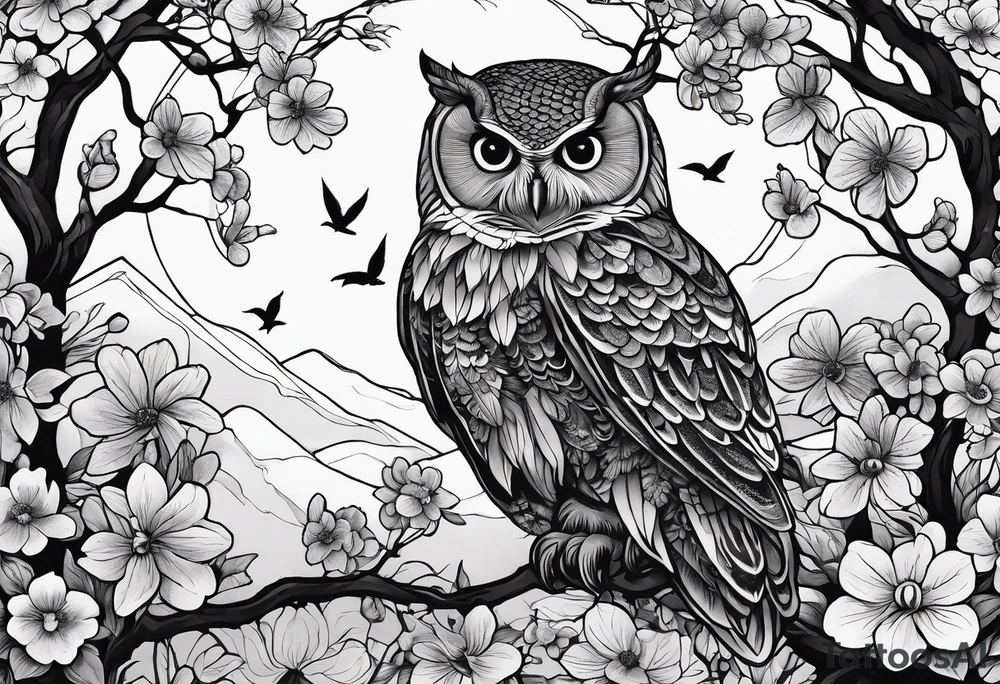 Winter sky, flowers, owls, stars, violets, primroses, ash tree, tattoo idea