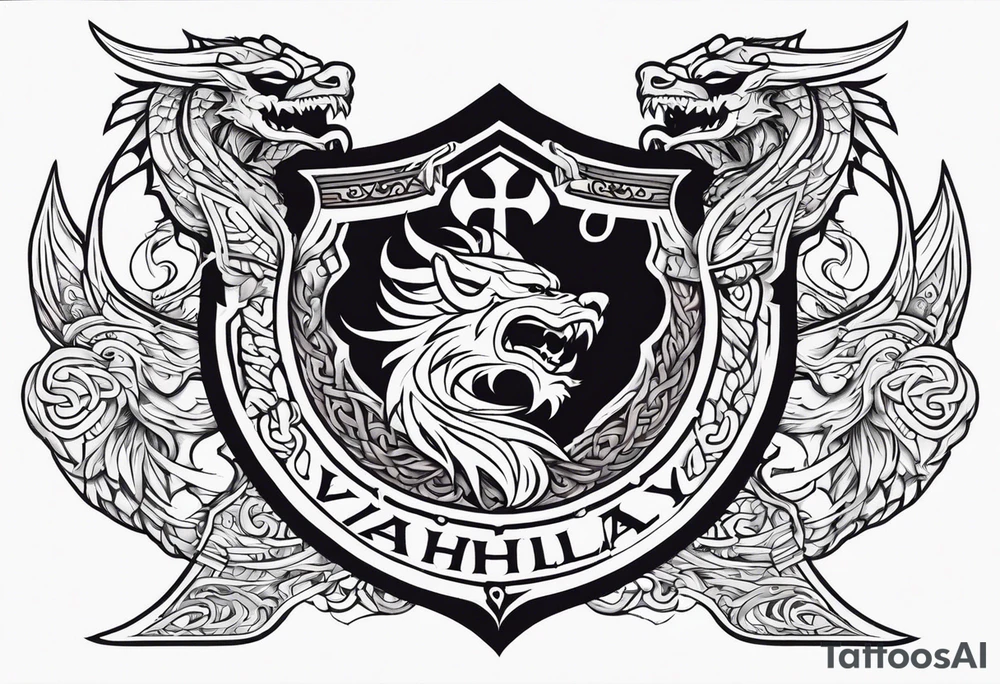 Valhalla sword shield dragon head axe viking church tattoo idea Valhalla sword shield dragon head axe viking church tattoo idea