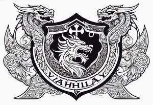 Valhalla sword shield dragon head axe viking church tattoo idea