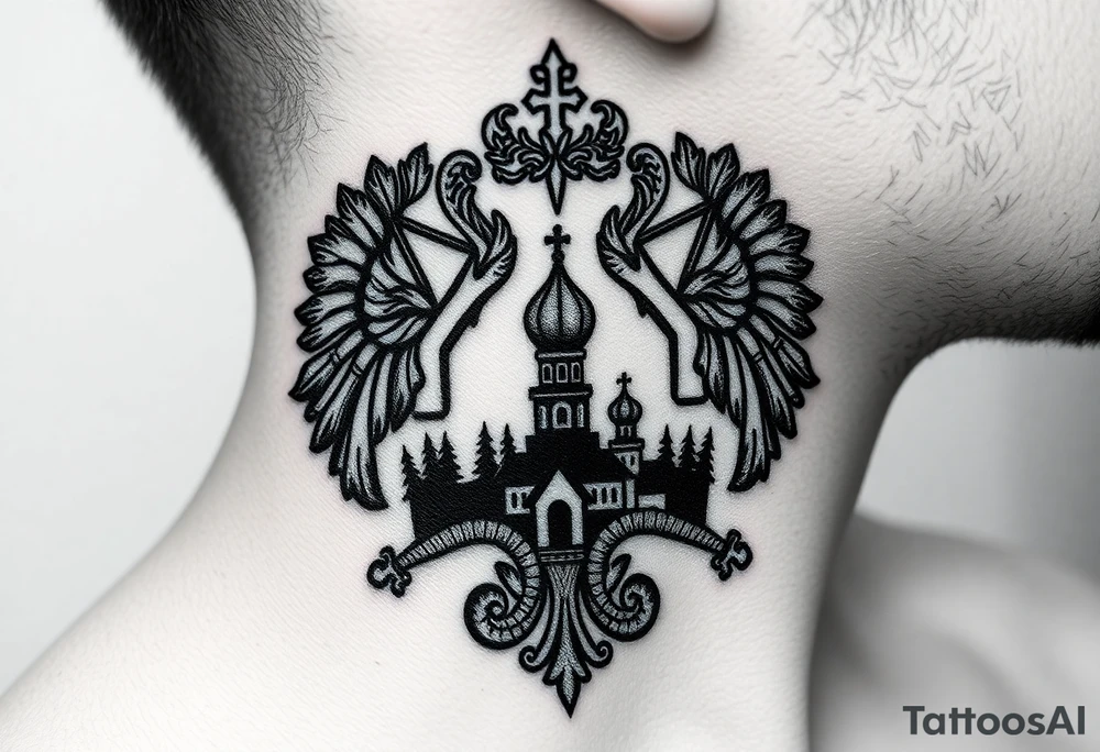 Traditional authentic Russian coat of arms with a Christian orthodox virgin marry in the middle and silhouette in a Russian wilderness Christian orthodoxy dome church village setting on the side of my neck tattoo idea
