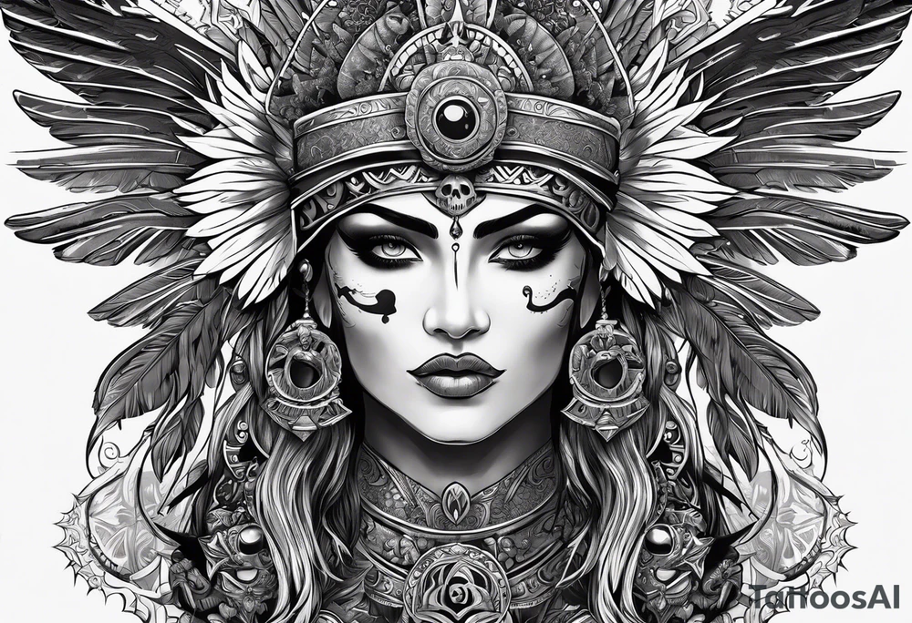 black kali, goddess pirate, alien, pachamama, valkrye, warrior, skull, lotus azul, wing, eagle, zenza resonance, stars, one side chest tattoo idea