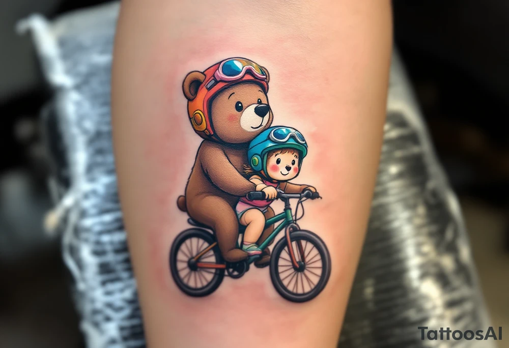 A bear and girly looking cub riding a bike together, drawn in simple round shapes with brown fur and colorful helmets. tattoo idea