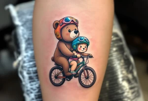 A bear and girly looking cub riding a bike together, drawn in simple round shapes with brown fur and colorful helmets. tattoo idea