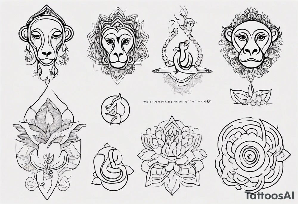 Creat a feminine line art tattoo. Single line. Images include monkey icon, pie icon, the Thai symbol for ten, and the breathe yoga symbol. Put icons in a long single line and keep them separate. Connect with dots and dashes. tattoo idea