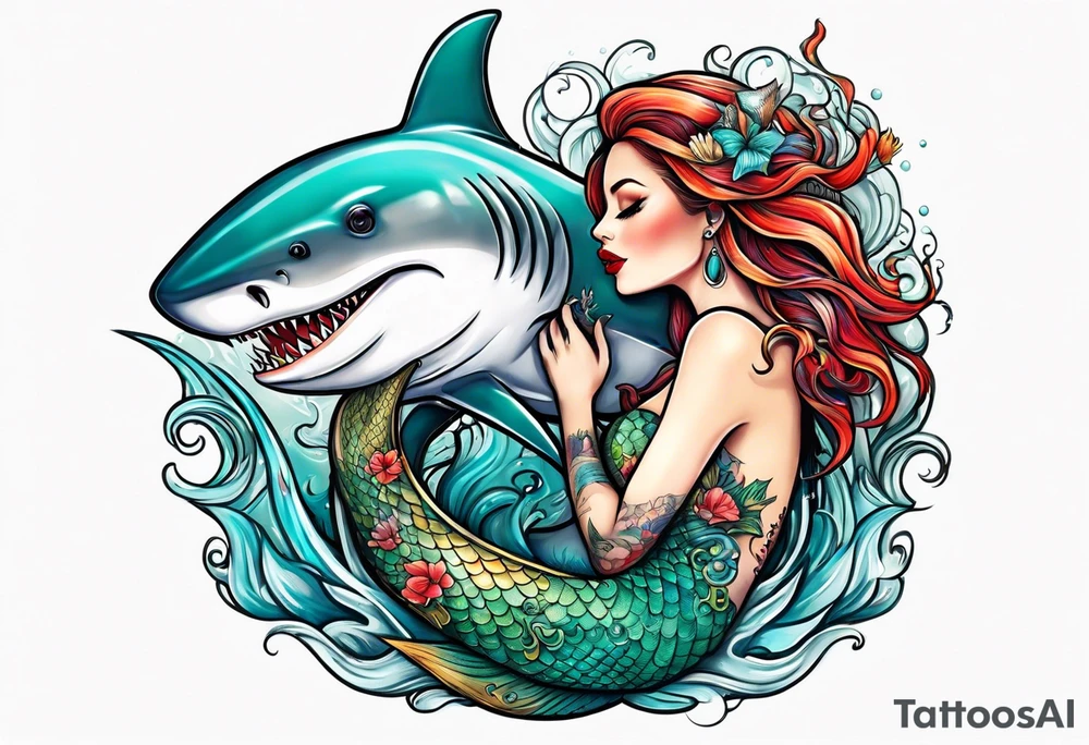 Mermaid kissing a shark tattoo idea