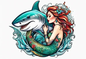 Mermaid kissing a shark tattoo idea
