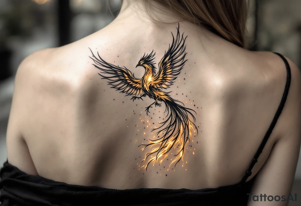 magnificent phoenix rising from golden flames with trailing embers tattoo idea