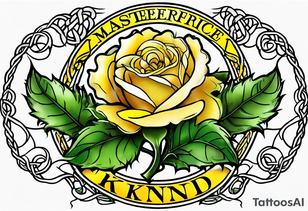 Scottish thistle, yellow rose and shamrock with stems intertwined spelling KND in celtic lettering tattoo idea