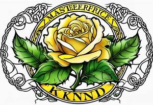 Scottish thistle, yellow rose and shamrock with stems intertwined spelling KND in celtic lettering tattoo idea