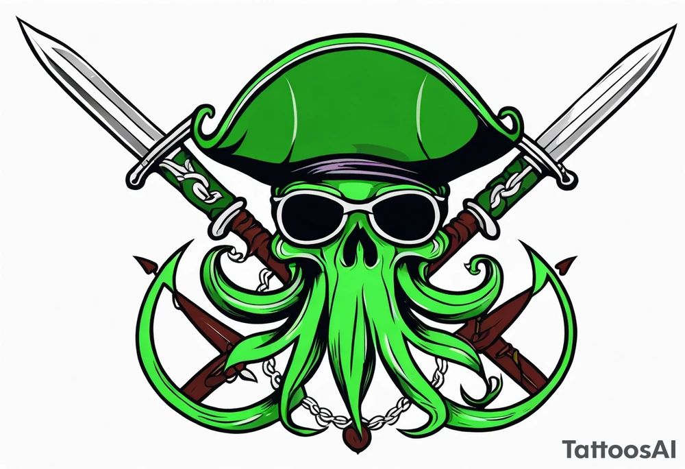 green pirate squid holding sword and anchor tattoo idea