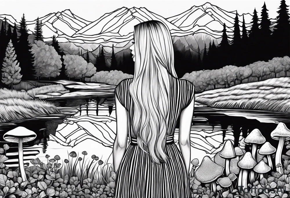Straight long blonde hair girl in distance holding mushrooms in hand facing away toward mountains and creek surrounded by mushrooms black and white striped dress tattoo idea