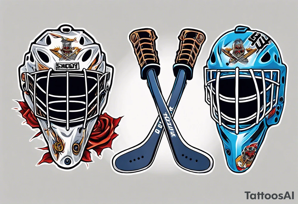 a goalie mask and crossed hockey sticks that says "SHOT HOCKEY" tattoo idea