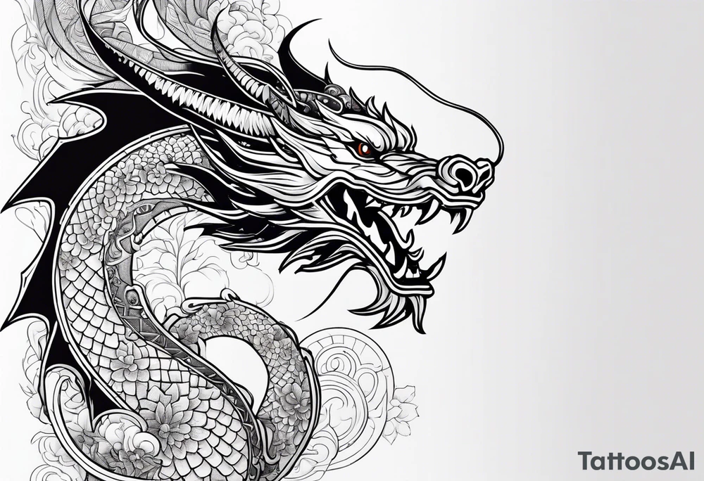 Boussole avec toute les directions entourée de dragon asiatique avec leur perle tattoo idea