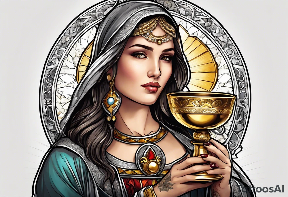 woman saint holding chalice surrounded by golden halo sideways tattoo idea