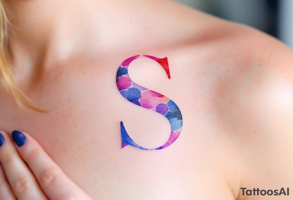 A soft watercolor "S" blending shades of pink, blue, and purple with a dreamy effect. tattoo idea