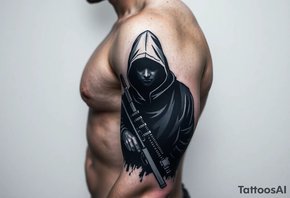 Minimalist covert operative symbolism representing loyalty and survival, faceless soldier silhouette emerging from darkness, torn fabric, subtle scars, controlled posture, black and grey realism, emotional restraint, understated strength, tattoo sleeve element. tattoo idea