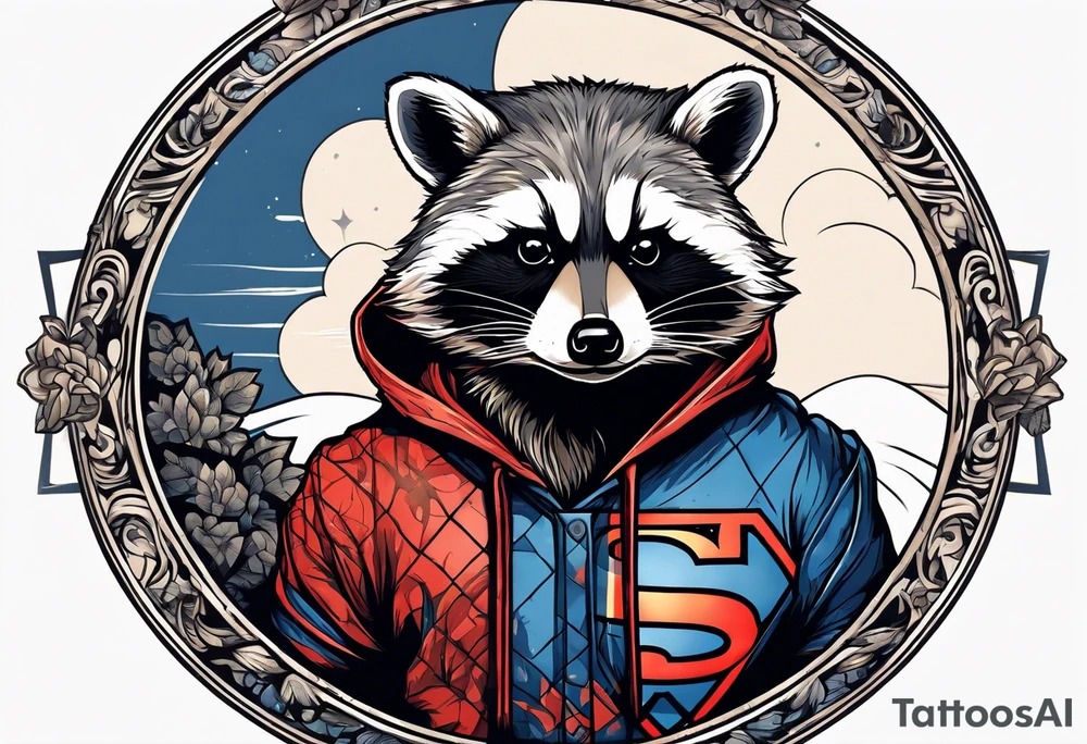 raccoon wearing a Superman hoodie tattoo idea