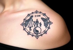 Magestic symbol of mom and dad with 3 kids surrounded by geometric patterns, Gemini sign, and ying yang tattoo idea
