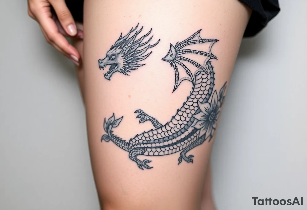 a fire-breathing dragon with some lilys on the sides tattoo idea