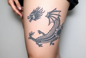 a fire-breathing dragon with some lilys on the sides tattoo idea