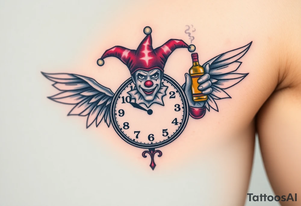 a jester clown floating in smoke with a  clock, the time says 420,  with two open wings besides the clock, smoke as the spring rising from the clock, a jester clown coming out the smoke, smoking in one hand with a liquor bottle on the other hand tattoo idea