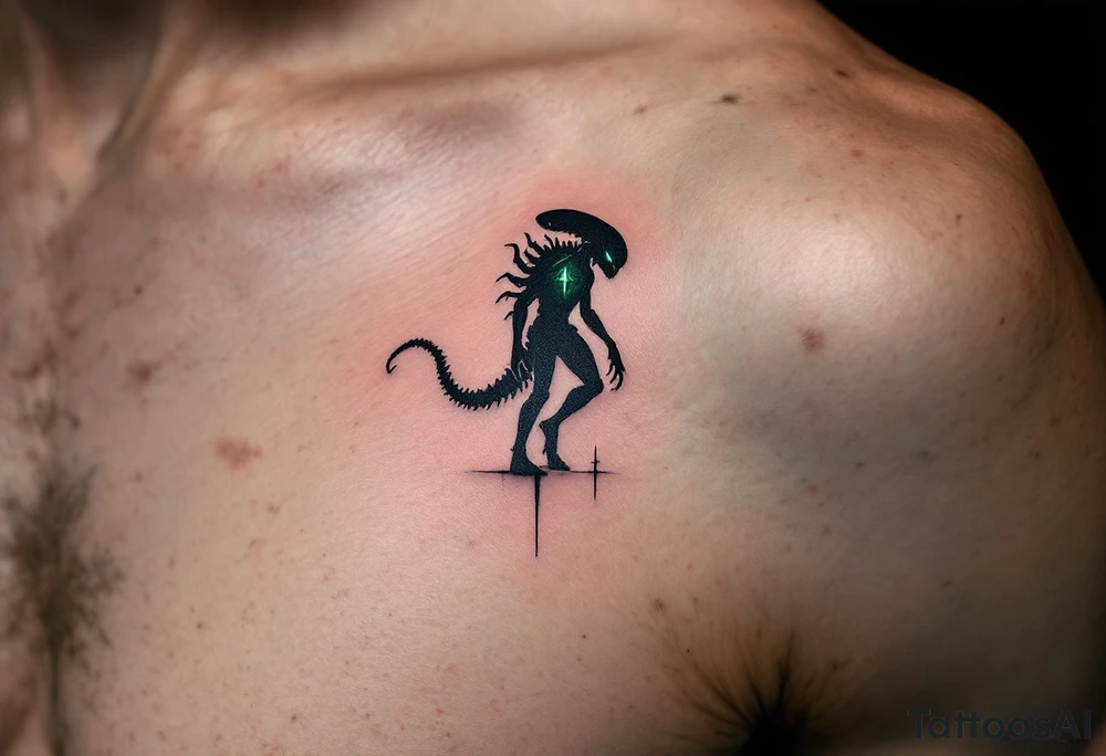 A silhouette of a Xenomorph stalking through a dark hallway, its outline softly illuminated by an eerie green light from above. tattoo idea