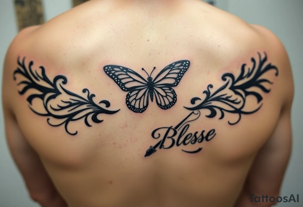 The words No Rush with a monarch butterfly in the same tatto with the words God Bless with a fishing pole. Tattoo is masculine for the upper arm. More artistic tattoo idea