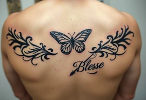 The words No Rush with a monarch butterfly in the same tatto with the words God Bless with a fishing pole. Tattoo is masculine for the upper arm. More artistic tattoo idea