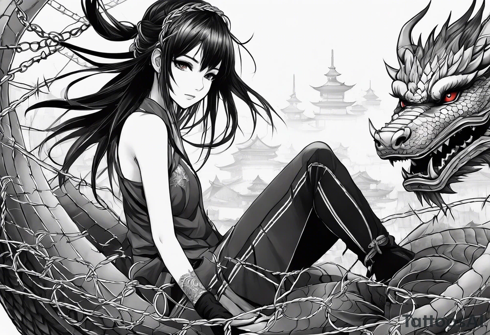 an anime girl, sitting on a ball, surrounded by barbed wire and asian dragon tattoo idea